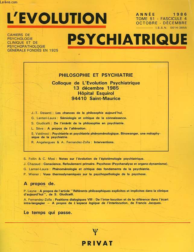 L'EVOLUTION PSYCHIATRIQUE, TOME 51, FASC. 4, OCT.-DEC. 1986