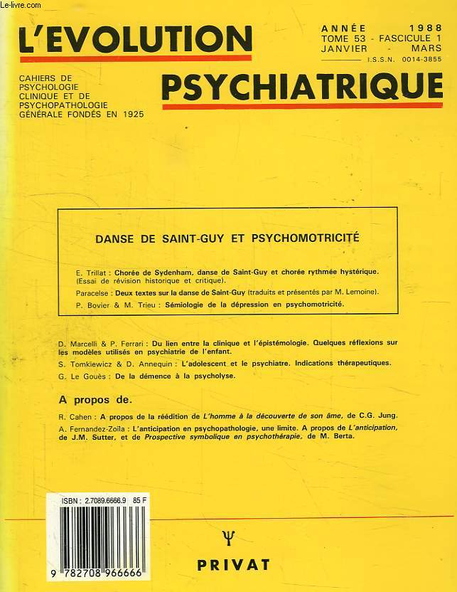 L'EVOLUTION PSYCHIATRIQUE, TOME 53, FASC. 1, JAN.-MARS 1988
