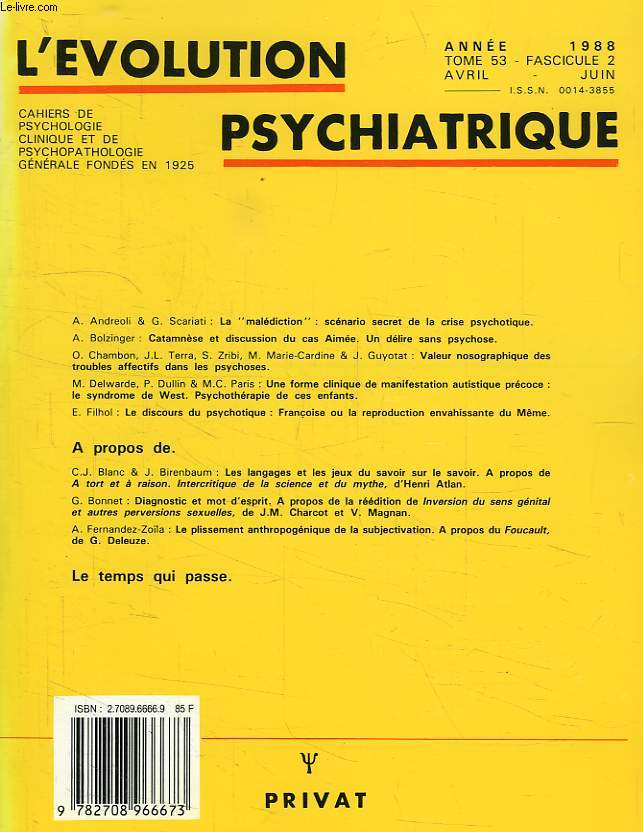 L'EVOLUTION PSYCHIATRIQUE, TOME 53, FASC. 2, AVRIL-JUIN 1988