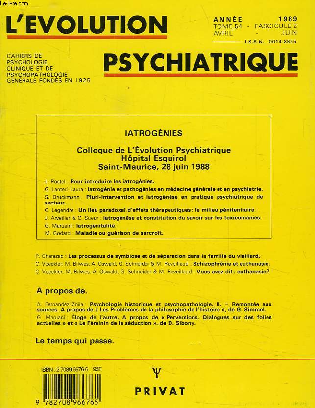 L'EVOLUTION PSYCHIATRIQUE, TOME 54, FASC. 2, AVRIL-JUIN 1989