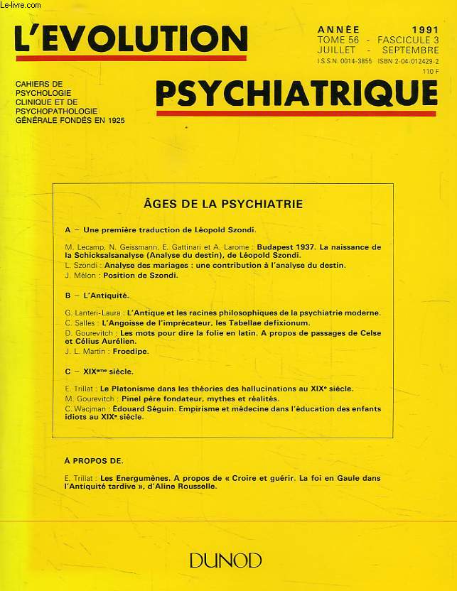 L'EVOLUTION PSYCHIATRIQUE, TOME 56, FASC. 3, JUILLET-SEPT. 1991