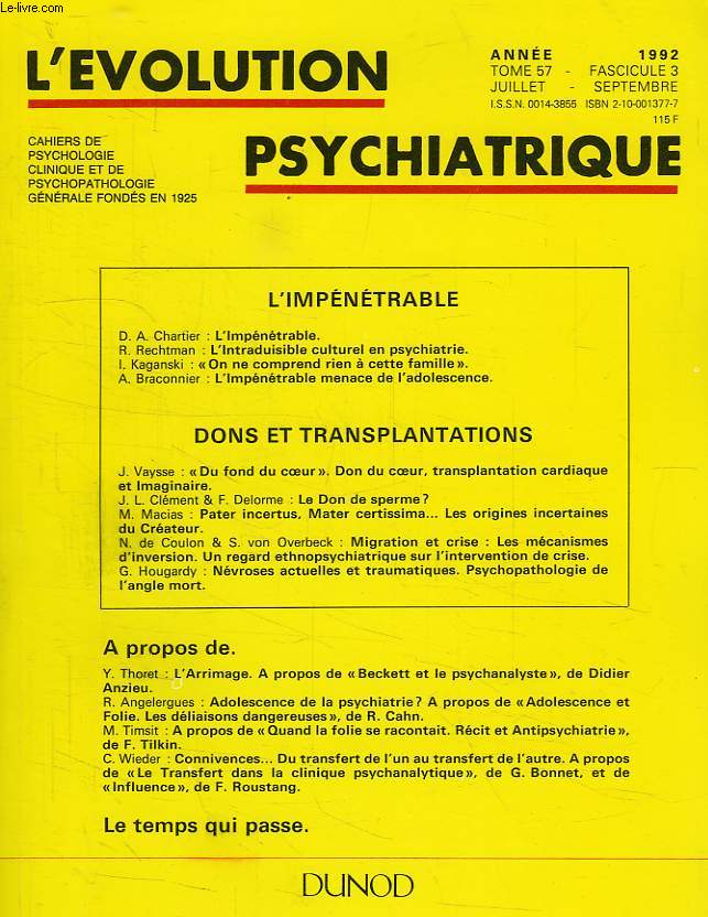 L'EVOLUTION PSYCHIATRIQUE, TOME 57, FASC. 3, JUILLET-SEPT. 1992