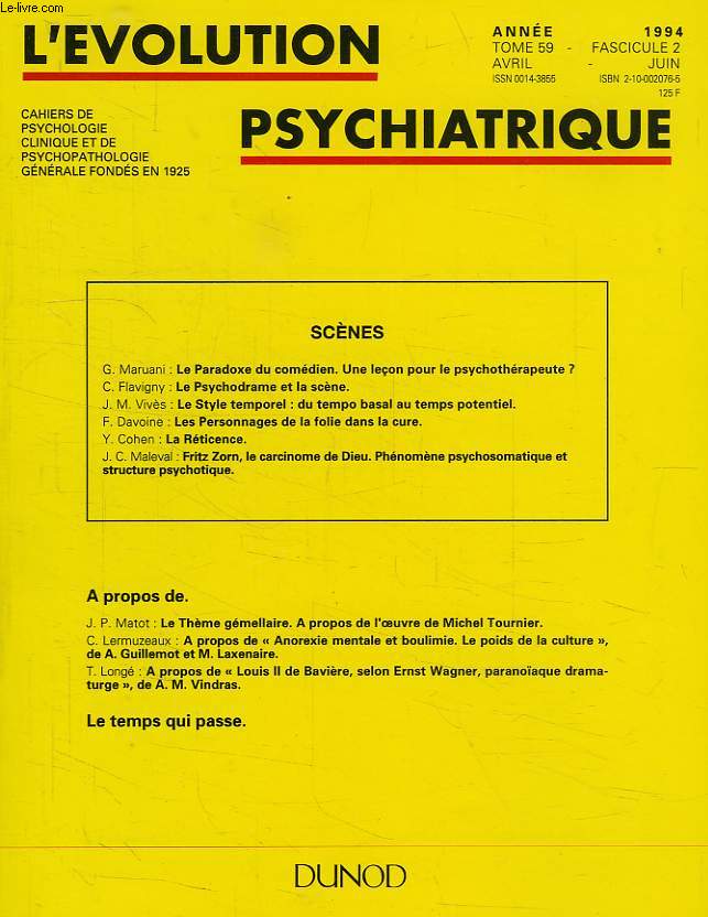 L'EVOLUTION PSYCHIATRIQUE, TOME 59, FASC. 2, AVRIL-JUIN 1994