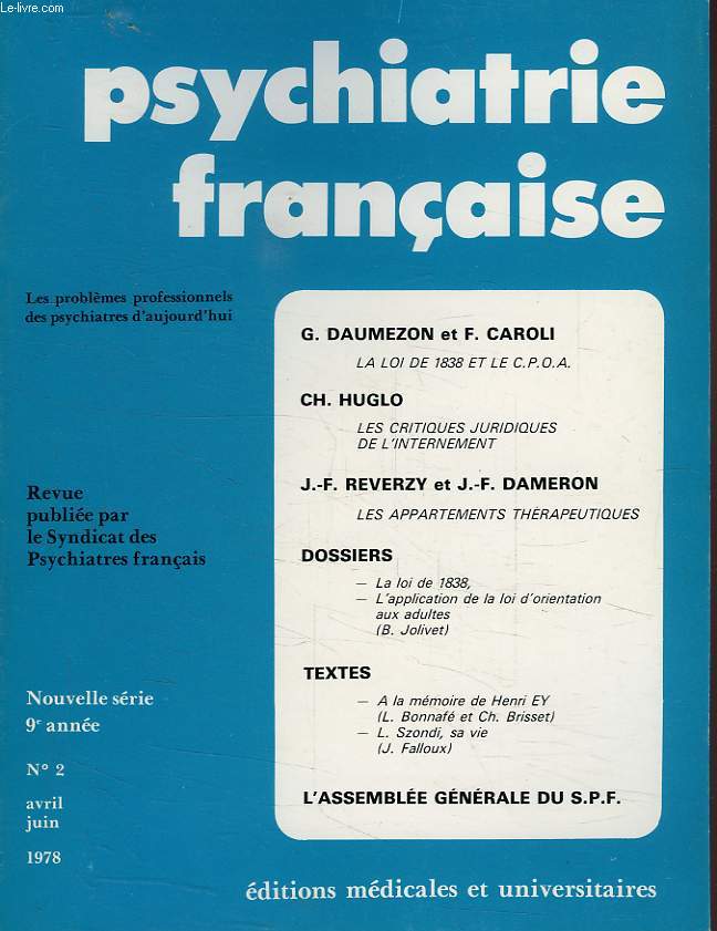PSYCHIATRIE FRANCAISE, NOUVELLE SERIE, 9e ANNEE, N 2, AVRIL-JUIN 1978