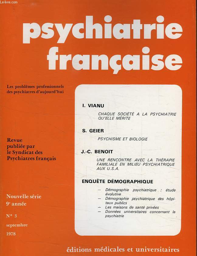 PSYCHIATRIE FRANCAISE, NOUVELLE SERIE, 9e ANNEE, N 3, SEPT. 1978