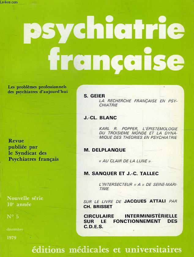 PSYCHIATRIE FRANCAISE, NOUVELLE SERIE, 10e ANNEE, N 5, DEC. 1979