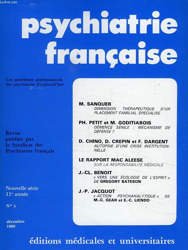 PSYCHIATRIE FRANCAISE, NOUVELLE SERIE, 11e ANNEE, N 5, DEC. 1980