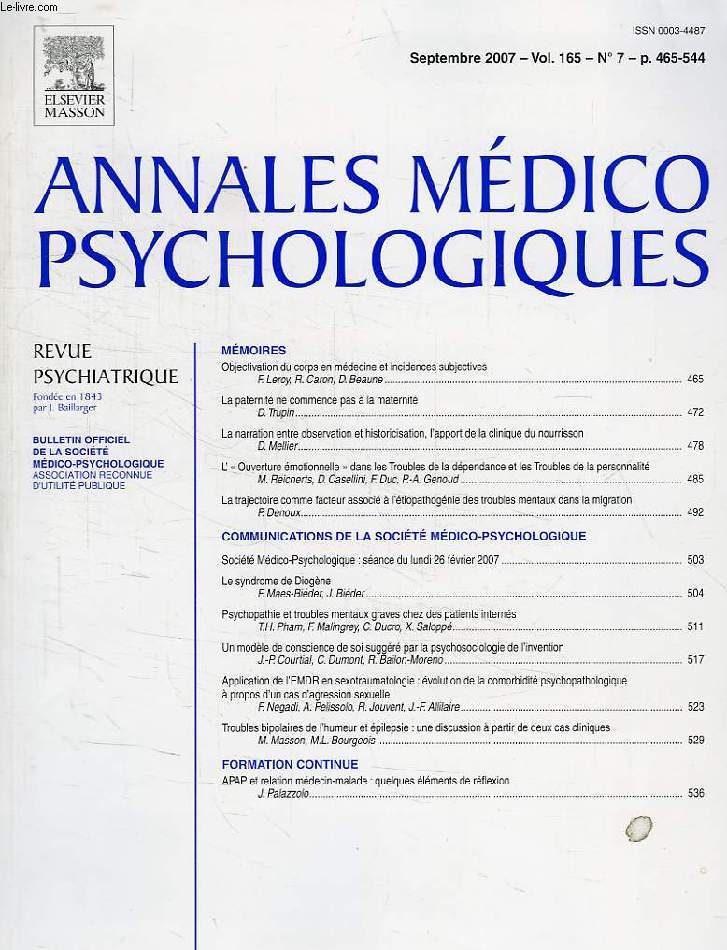ANNALES MEDICO PSYCHOLOGIQUES, VOL. 165, N 7, SEPT. 2007