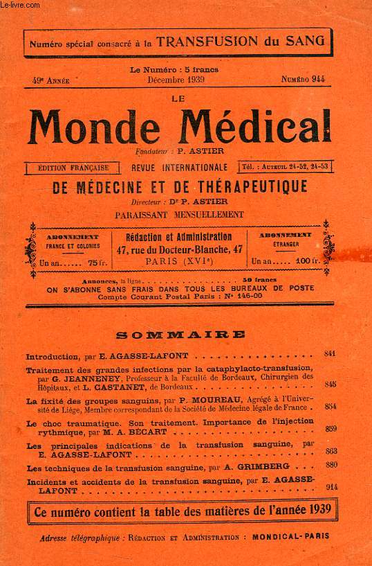 LE MONDE MEDICAL, 49e ANNEE, N 944, DEC. 1939