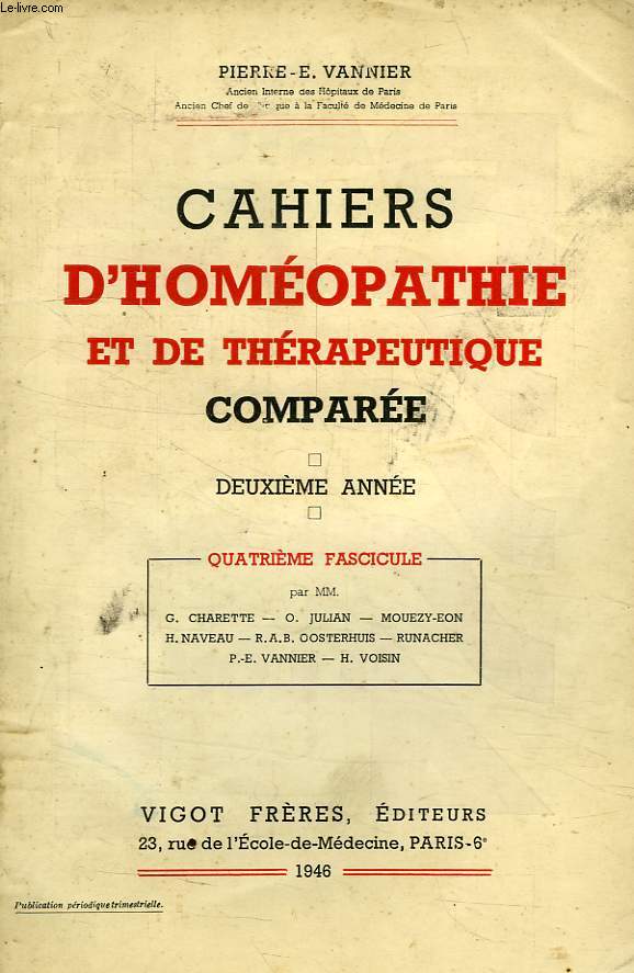 CAHIERS D'HOMEOPATHIE ET DE THERAPEUTIQUE COMPAREE, 2e ANNEE, 4e FASCICULE