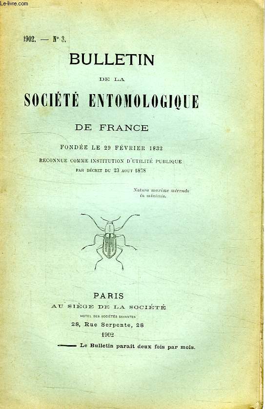 BULLETIN DE LA SOCIETE ENTOMOLOGIQUE DE FRANCE, N 3, 1902
