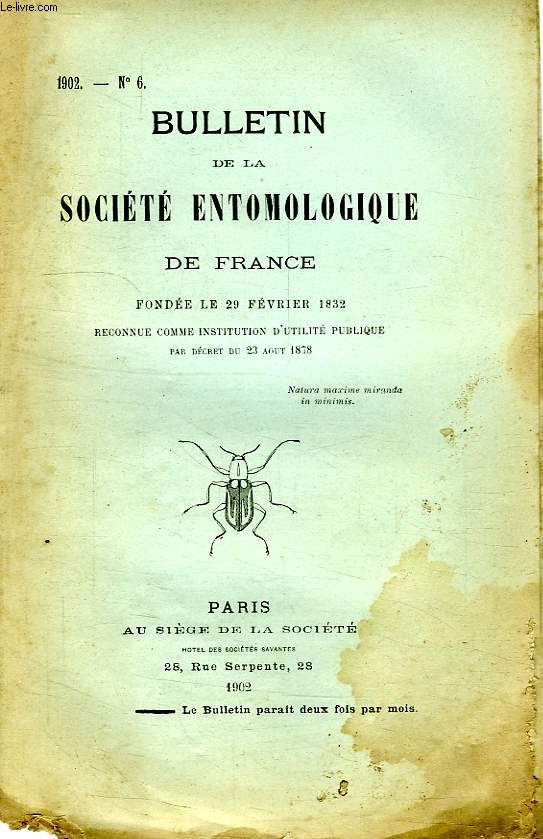 BULLETIN DE LA SOCIETE ENTOMOLOGIQUE DE FRANCE, N 6, 1902