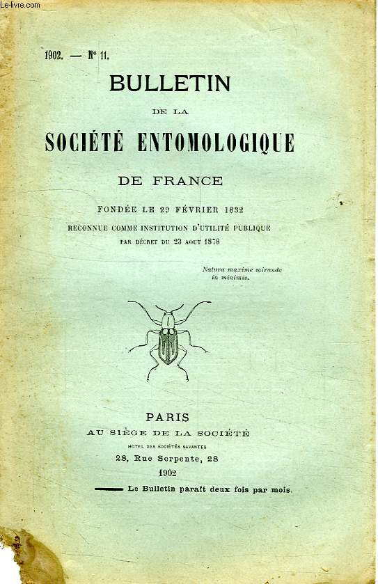 BULLETIN DE LA SOCIETE ENTOMOLOGIQUE DE FRANCE, N 11, 1902
