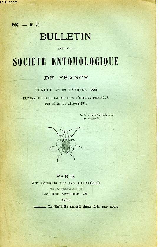BULLETIN DE LA SOCIETE ENTOMOLOGIQUE DE FRANCE, N 20, 1902