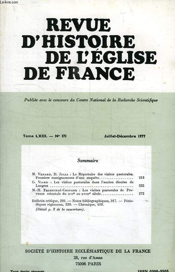 REVUE D'HISTOIRE DE L'EGLISE DE FRANCE, TOME LXIII, N 171, JUILLET-DEC. 1977