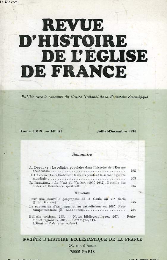 REVUE D'HISTOIRE DE L'EGLISE DE FRANCE, TOME LXIV, N 173, JUILLET-DEC. 1978