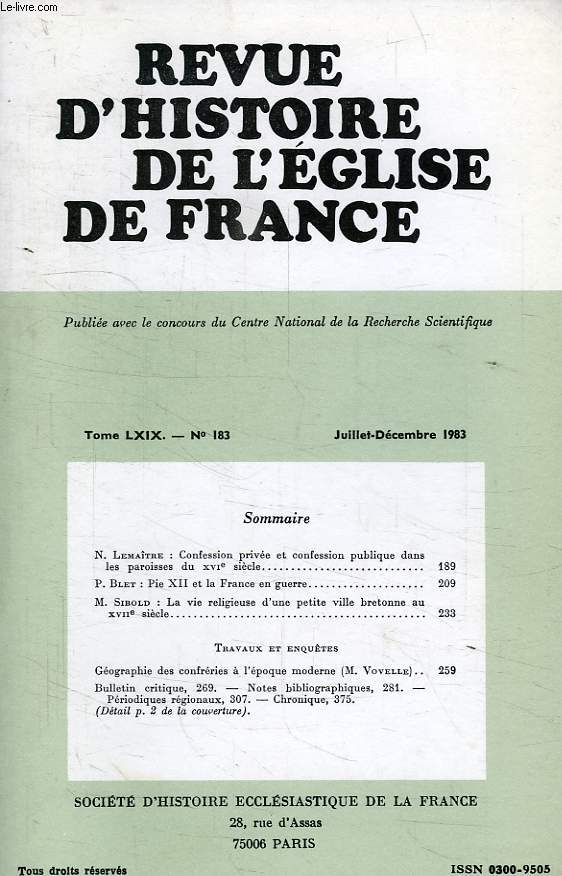 REVUE D'HISTOIRE DE L'EGLISE DE FRANCE, TOME LXIX, N 183, JUILLET-DEC. 1983