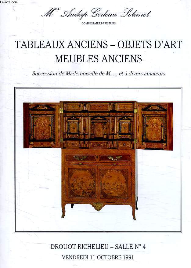 TABLEAUX ANCIENS, OBJETS D'ART, MEUBLES ANCIENS, DROUOT-RICHELIEU, 11 OCT. 1991