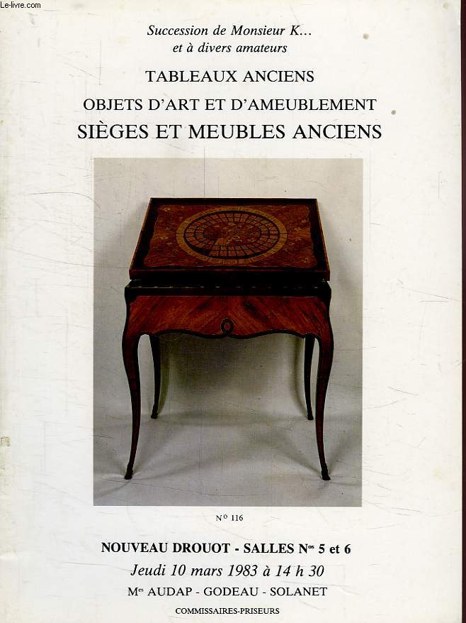 TABLEAUX ANCIENS, OBJETS D'ART ET D'AMEUBLEMENT, SIEGES ET MEUBLES ANCIENS, NOUVEAU DROUOT, 10 MARS 1983