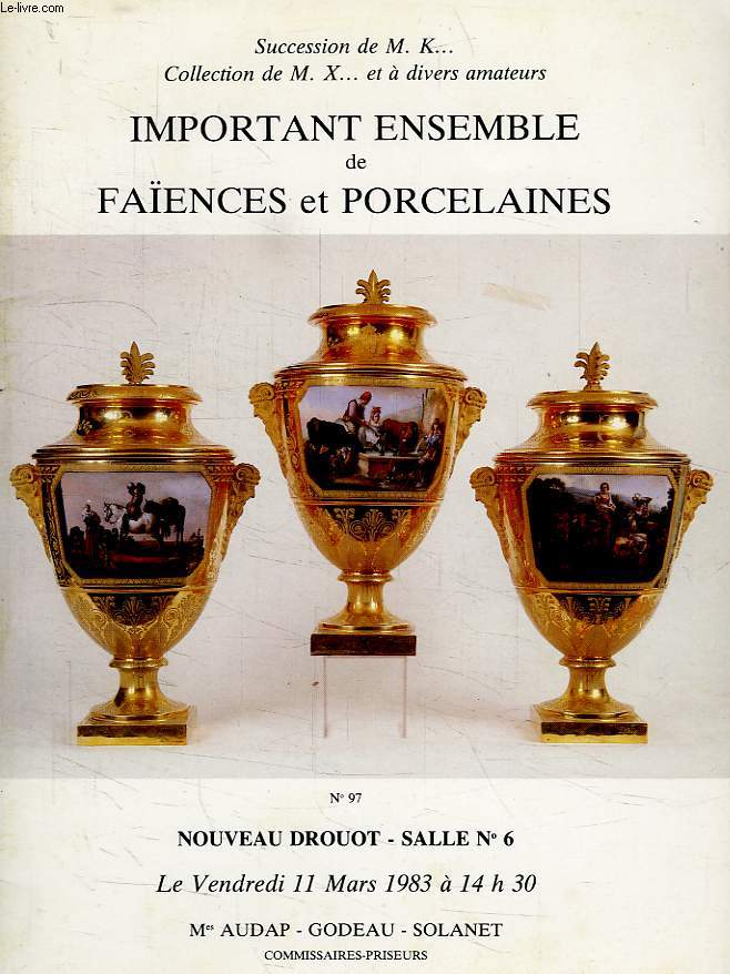 IMPORTANT ENSEMBLE DE FAIENCES ET PORCELAINES, NOUVEAU DROUOT, 11 MARS 1983