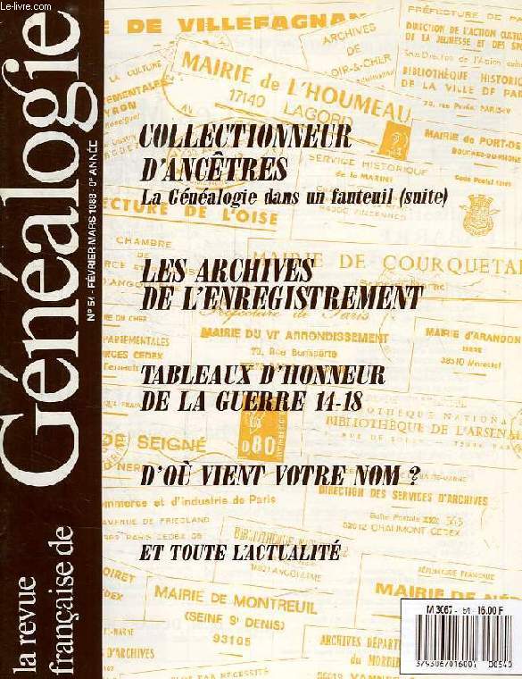 LA REVUE FRANCAISE DE GENEALOGIE, N 54, FEV.-MARS 1988