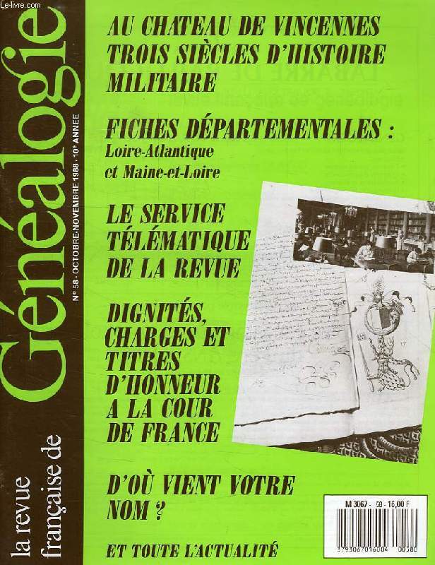 LA REVUE FRANCAISE DE GENEALOGIE, N 58, OCT.-NOV. 1988