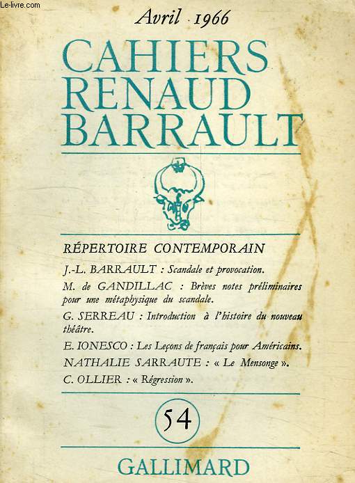CAHIERS RENAUD BARRAULT, N 54, AVRIL 1966, REPERTOIRE CONTEMPORAIN
