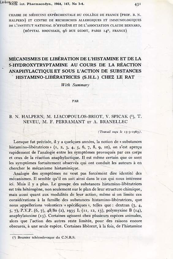 ARCHIVES INTERNATIONALES DE PHARMACODYNAMIE ET DE THERAPIE, VOL. 147, FASC. 3-4
