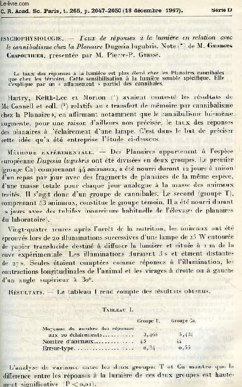 TAUX DE REPONSES A LA LUMIERE EN RELATION AVEC LE CANNIBALISME CHEZ LA PLANAIRE DUGESIA LUGUBRIS, NOTE