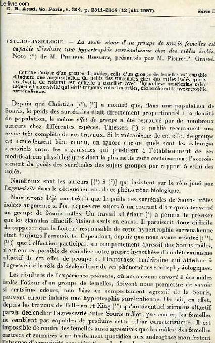 LA SEULE ODEUR D'UN GROUPE DE SOURIS FEMELLES EST CAPABLE D'INDUIRE UN HYPERTROPHIE SURRENALIENNE CHEZ DES MALES ISOLES, NOTE