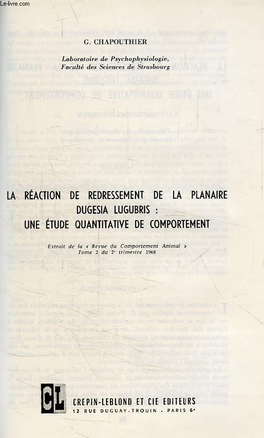 LA RECATION DE REDRESSEMENT DE LA PLANAIRE DUGESIA LUGUBRIS: UNE ETUDE QUANTITATIVE DE COMPORTEMENT