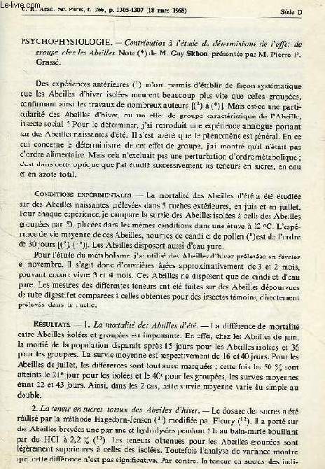 CONTRIBUTION A L'ETUDE DU DETERMINISME DE L'EFFET DE GROUPE CHEZ LES ABEILLES, NOTE
