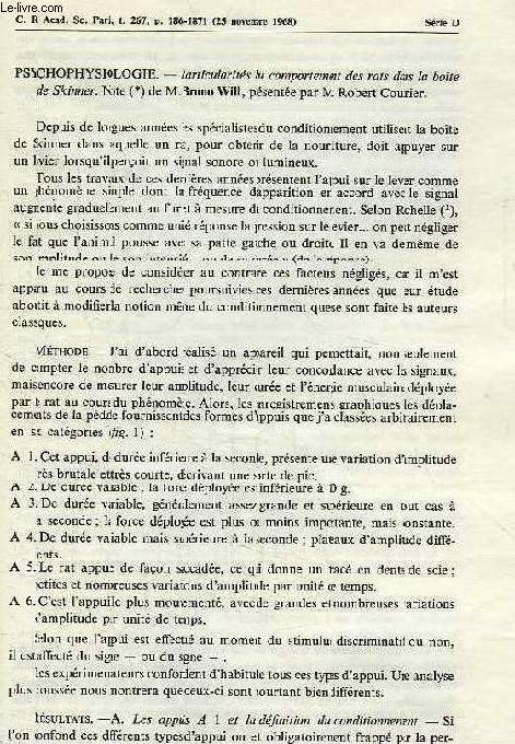 PARTICULARITES DU COMPORTEMENT DES RATS DANS LA BOITE DE SKINNER, NOTE