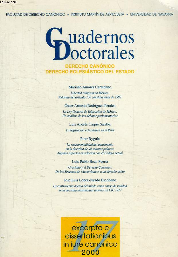 CUADERNOS DOCTORALES, DERECHO CANONICO, DERECHO ECLESIASTICO DEL ESTADO, N 17