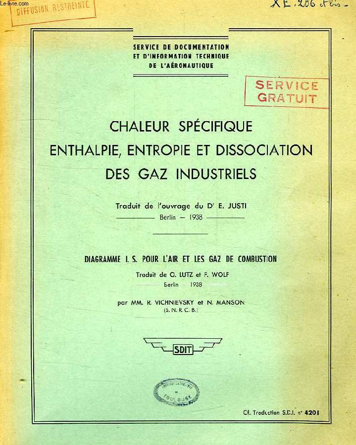 CHALEUR SPECIFIQUE, ENTHALPIE, ENTROPIE ET DISSOCIATION DES GAZ INDUSTRIELS