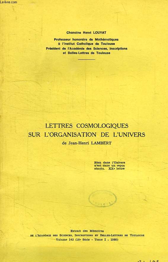 LETTRES COSMOLOGIQUES SUR L'ORGANISATION DE L'UNIVERS DE JEAN-HENRI LAMBERT
