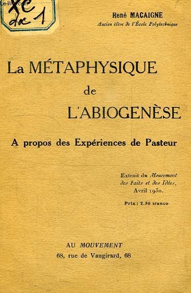 LA METAPHYSIQUE DE L'ABIOGENESE