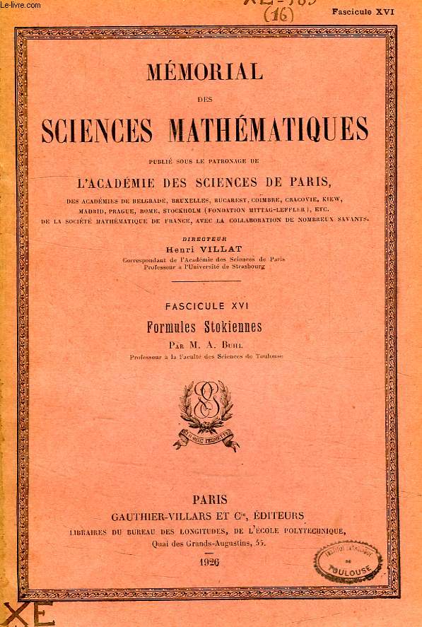 MEMORIAL DES SCIENCES MATHEMATIQUES, FASC. XVI, FORMULES STOKIENNES