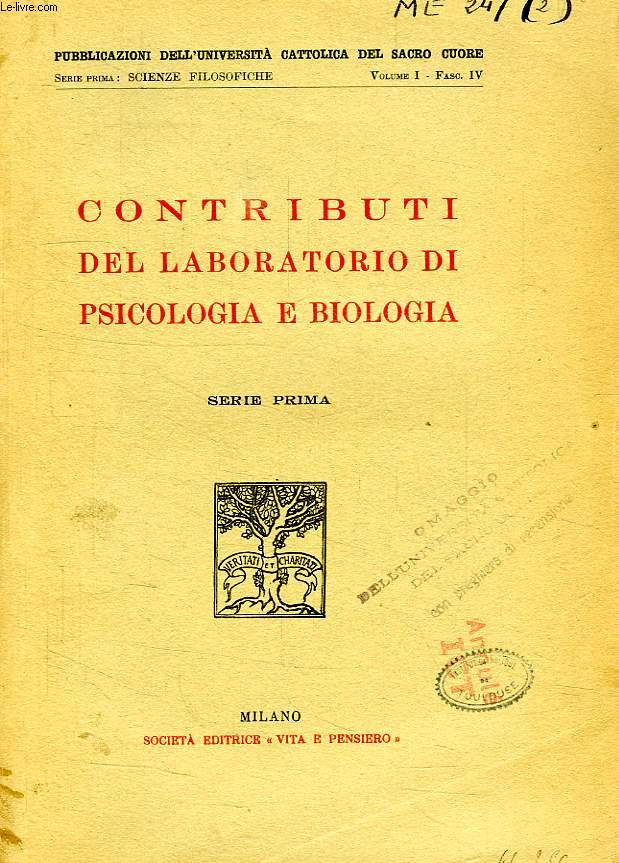 CONTRIBUTI DEL LABORATORIO DI PSICOLOGIA E BIOLOGIA, SERIE PRIMA