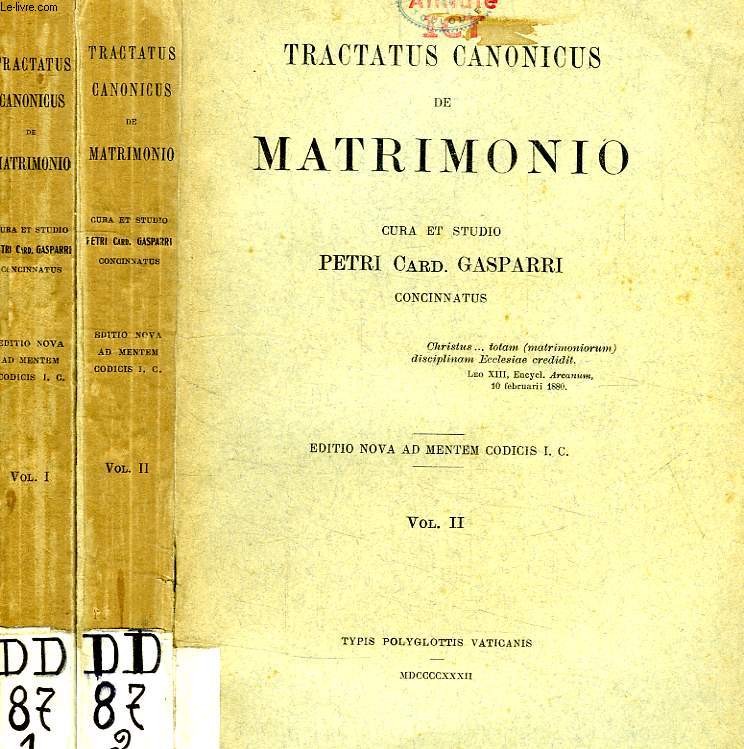 TRACTATUS CANONICUS DE MATRIMONIO, 2 TOMES