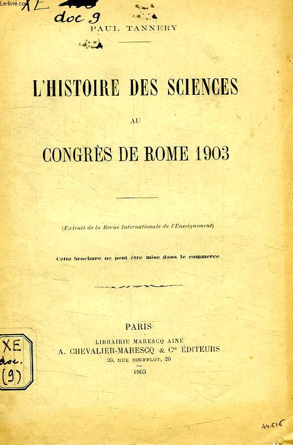 L'HISTOIRE DES SCIENCES AU CONGRES DE ROME 1903