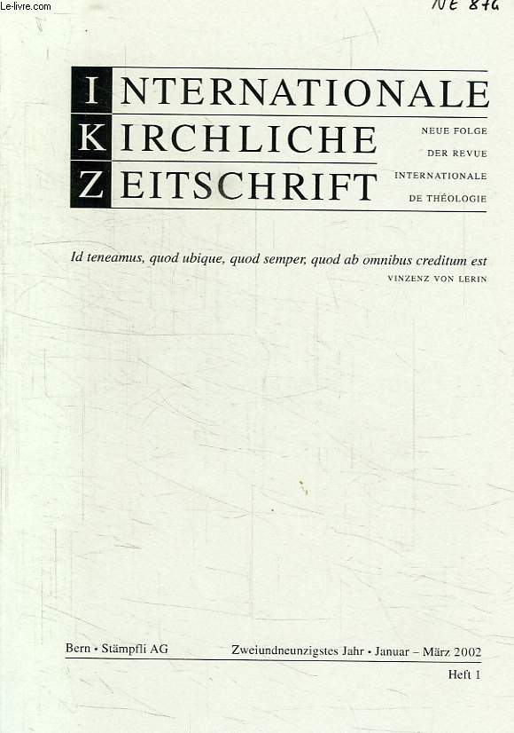 INTERNATIONALE KIRCHLICHE ZEITSCHRIFT, HEFT 1, JAN.-MARZ 2002