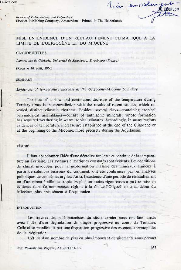 MISE EN EVIDENCE D'UN RECHAUFFEMENT CLIMATIQUE A LA LIMITE DE L'OLIGOCENE ET DU MIOCENE