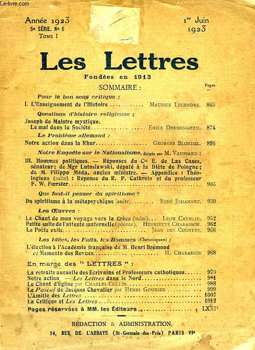 LES LETTRES, 5e SERIE, N 6, TOME I, 1er JUIN 1923
