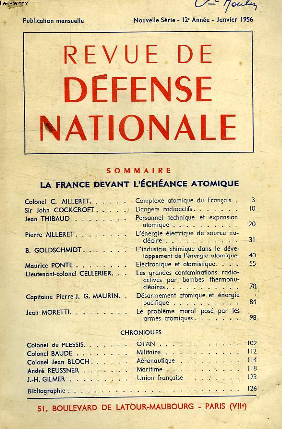 REVUE DE DEFENSE NATIONALE, NOUVELLE SERIE, 12e ANNEE, JAN. 1956