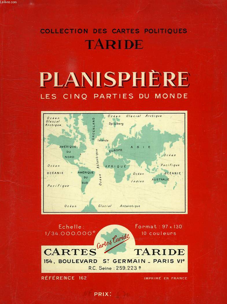 PLANISPHERE, LES CINQ PARTIES DU MONDE, ECHELLE 1/34.000.000e