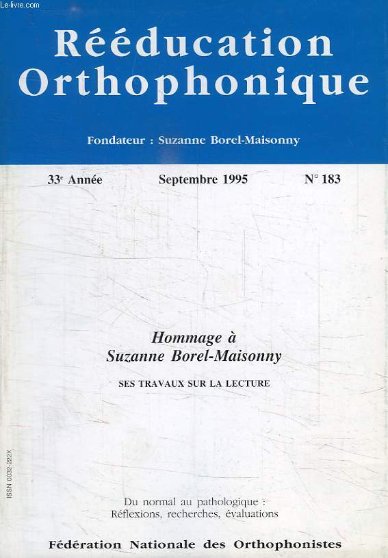 REEDUCATION ORTHOPHONIQUE, 33e ANNEE, N 183, SEPT. 1995