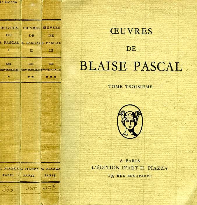 OEUVRES DE BLAISE PASCAL, LES PROVINCIALES, 3 TOMES