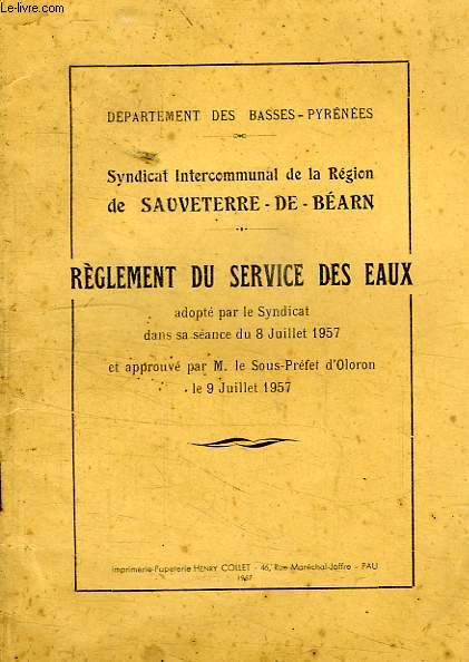 SYNDICAT INTERCOMMUNAL DE LA REGION DE SAUVETERRE-DE-BEARN, REGLEMENT DU SERVICE DES EAUX