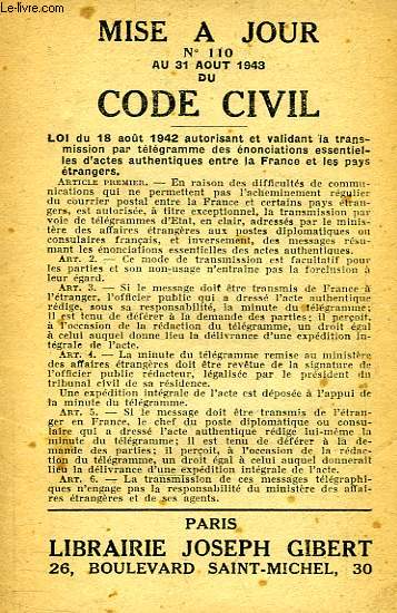 MISE A JOUR N 110, AU 31 AOUT 1943, DU CODE CIVIL